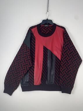 Vintage TORRAS Sweater Mens XL Red Leather Geometric Knit Crew Neck Spain